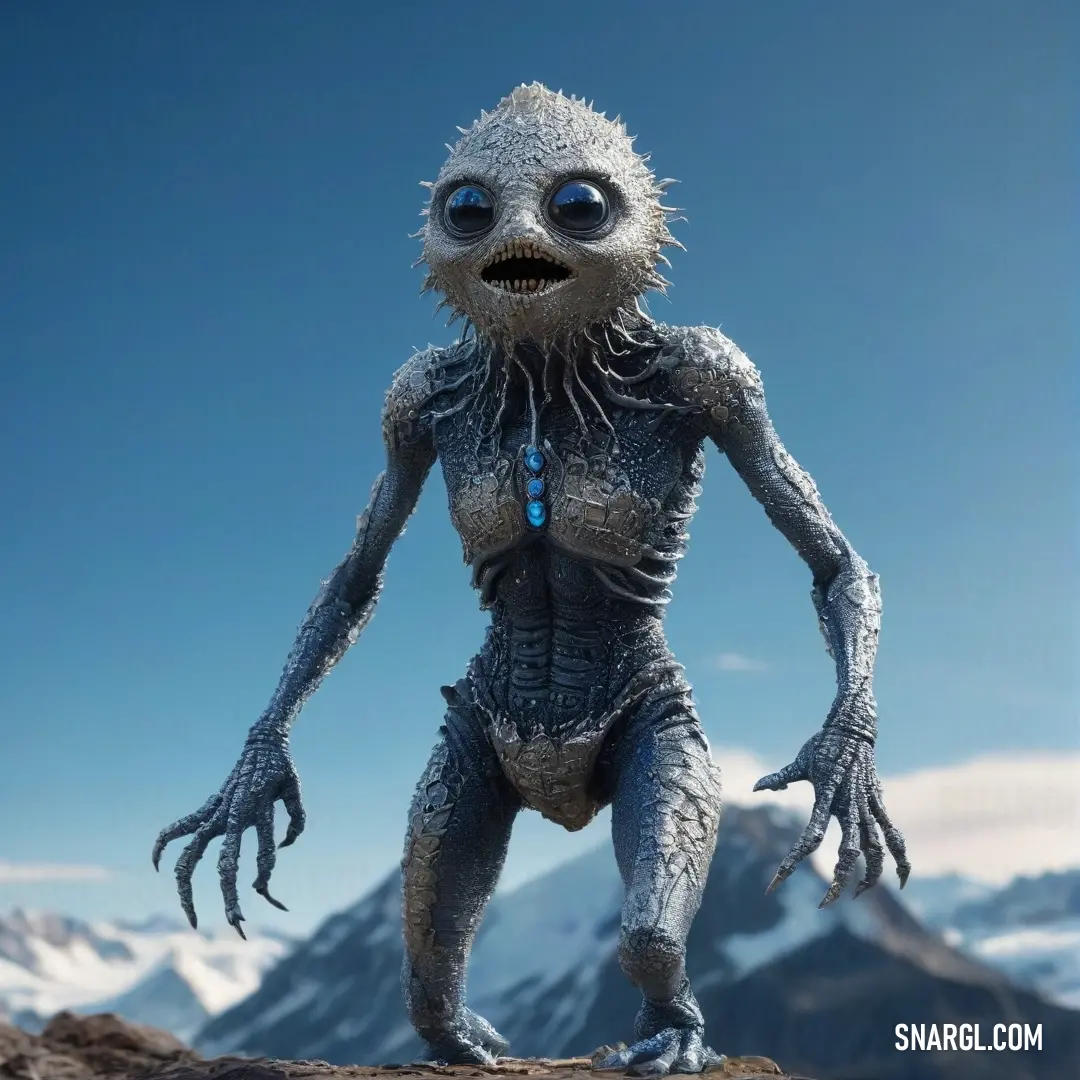 A creature with an odd yet alluring appearance stands atop a rock, framed by majestic mountains in the background. Its curious expression hints at a story waiting to unfold in this enchanting landscape.