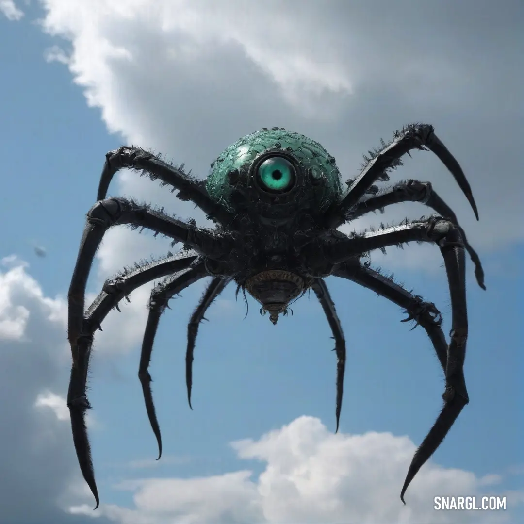 A giant spider lurks with an unsettling calm, showcasing a vivid green eye poised atop its formidable head. Its spindly legs radiate strength, creating an atmosphere of mystery and intrigue in an otherworldly setting.