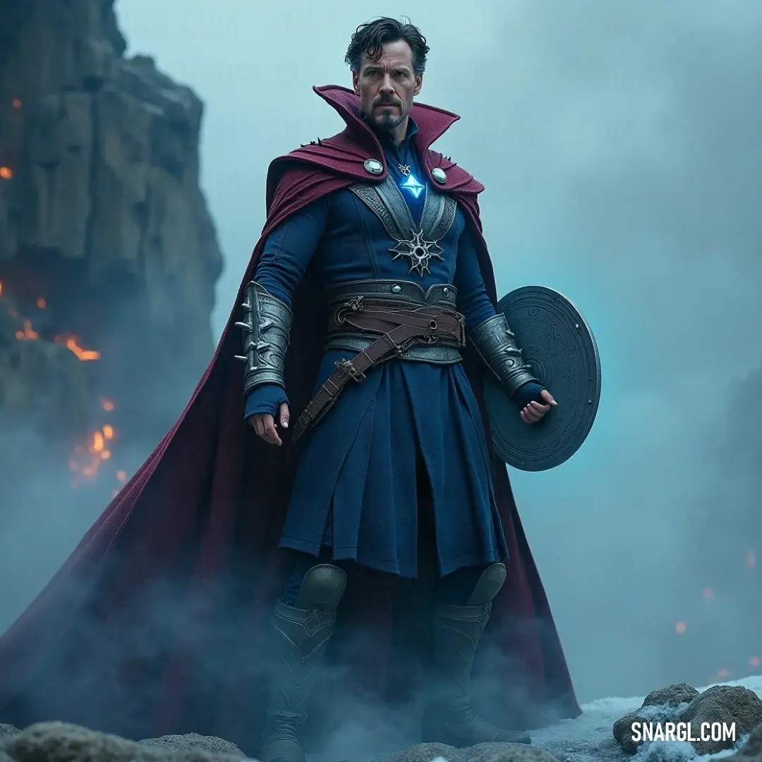 A heroic man clad in a striking blue outfit and flowing red cape stands among rocky terrain, with flames flickering in the background, highlighted by the deep shade of color #2E1410 that surrounds him.