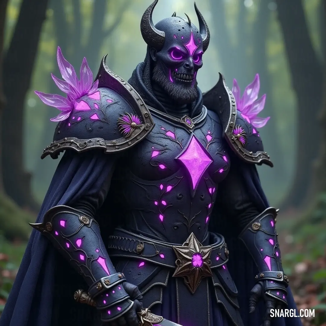 A courageous man clad in a striking purple outfit stands proudly in a verdant forest, wielding a gleaming sword, surrounded by majestic trees that whisper ancient tales amidst the dappled sunlight filtering through the leaves.