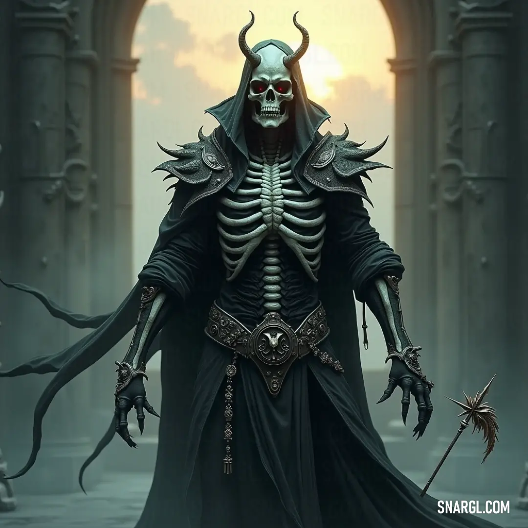 In an eerie twilight, a skeleton draped in a shadowy black robe emerges, horns towering majestically from its skull. The haunting figure evokes an atmosphere of mystery, beckoning exploration into the unknown realms of mythology.