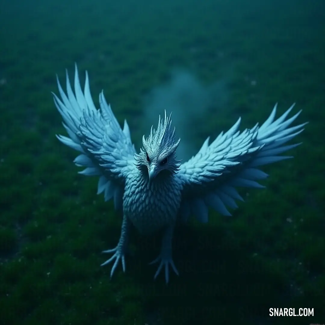 A striking white bird spreads its wings wide against a backdrop of lush green grass, capturing a moment of freedom and beauty, complemented by the intricate RGB tones of 46,20,16.