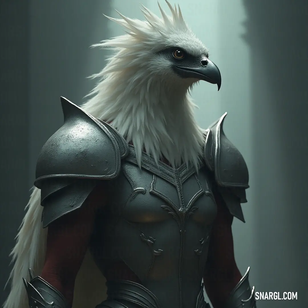 A magnificent white eagle dons intricately crafted armor and a majestic helmet adorned with a feather, embodying a regal presence against a striking color backdrop of CMYK 0,65,50,90.