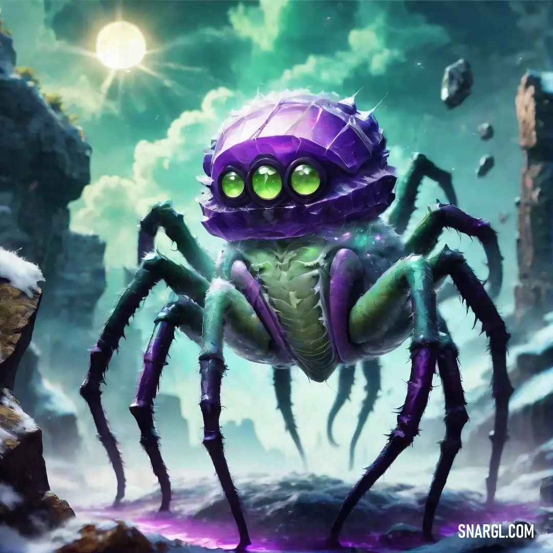 A captivating purple spider adorned with a whimsical purple hat, showcasing its enchanting green eyes as it perches elegantly, embodying the captivating hues of NCS S 8010-Y70R.