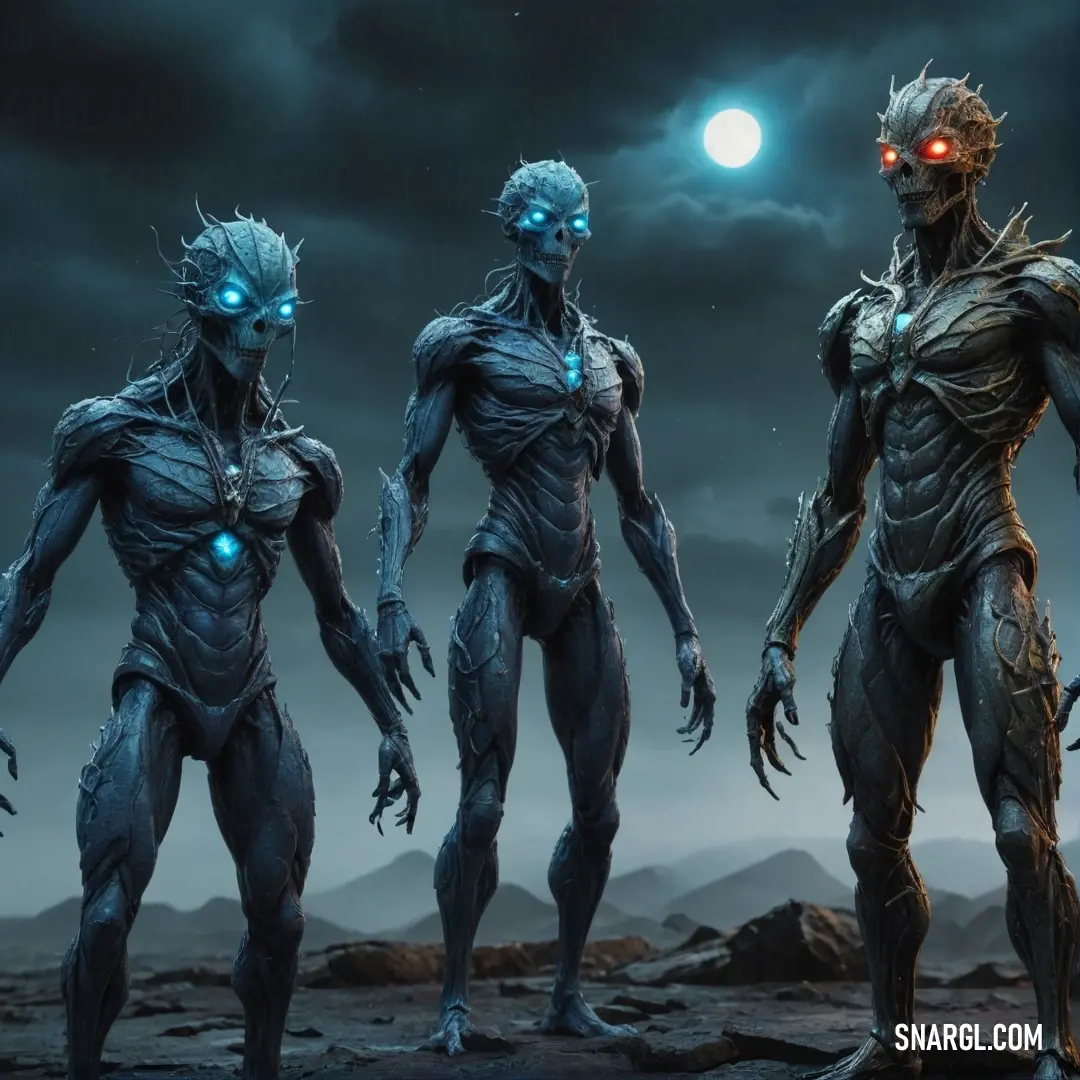 Three alien beings, striking in appearance, stand confidently amidst a desert-like expanse, illuminated by a full moon. Their unique features add an air of mystery to the tranquil scenery of nightfall.