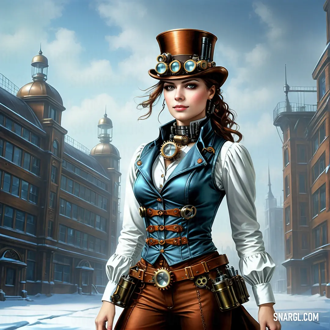 Woman in a top hat and vest standing in front of a building with a clock tower in the background. Color CMYK 0,65,50,90.