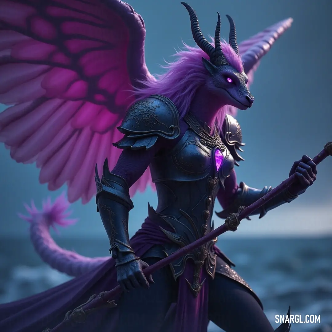 A mystical woman with striking purple hair and a horned head, confidently holding a stick as a regal purple-winged bird perches on her shoulder, radiating an aura of strength and enchantment in a vibrant, mythical realm.