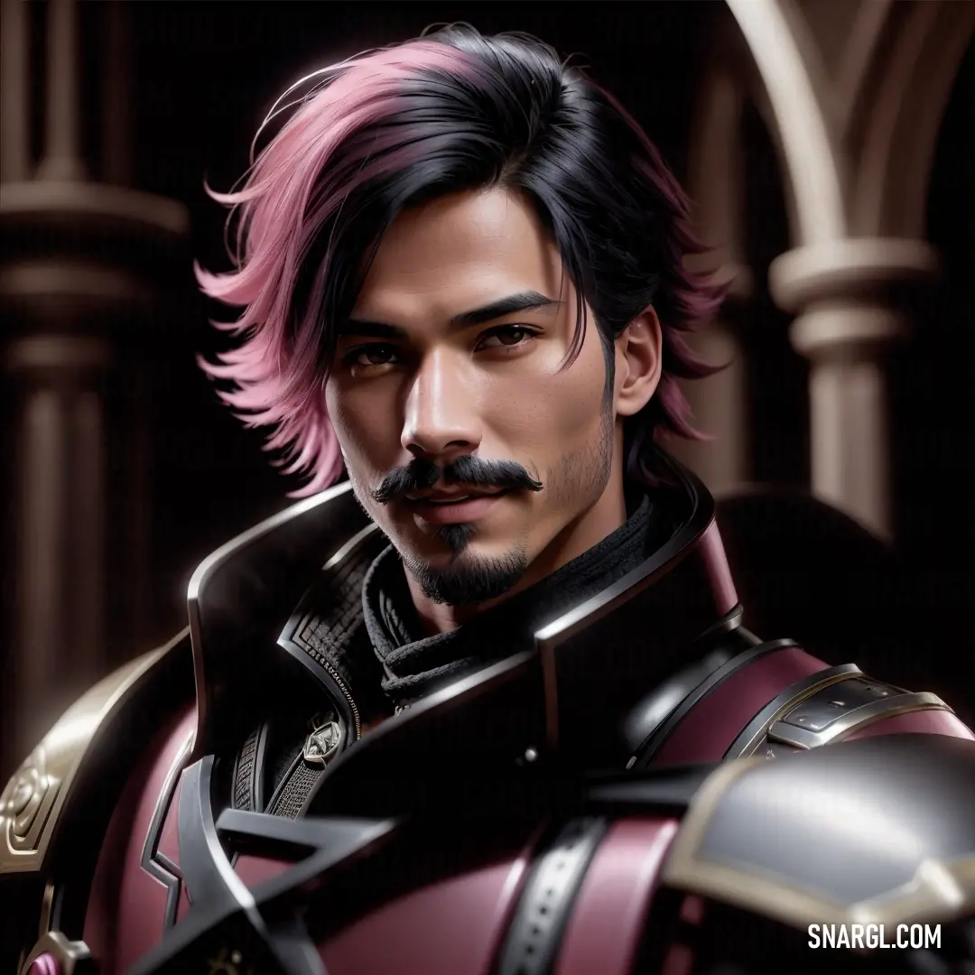 Man with pink hair and a mustache in a suit of armor and armor with a moustache. Example of RGB 38,40,36 color.