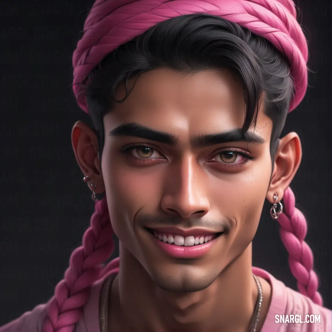 Digital painting of a man with a pink braid on his head. Example of RGB 38,40,36 color.