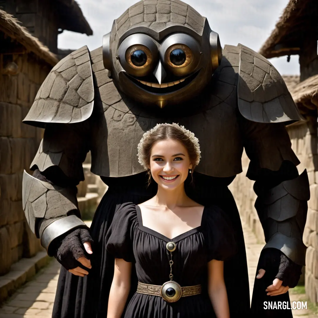 Woman standing next to a giant robot statue in a village setting with a woman in a black dress. Example of #262824 color.