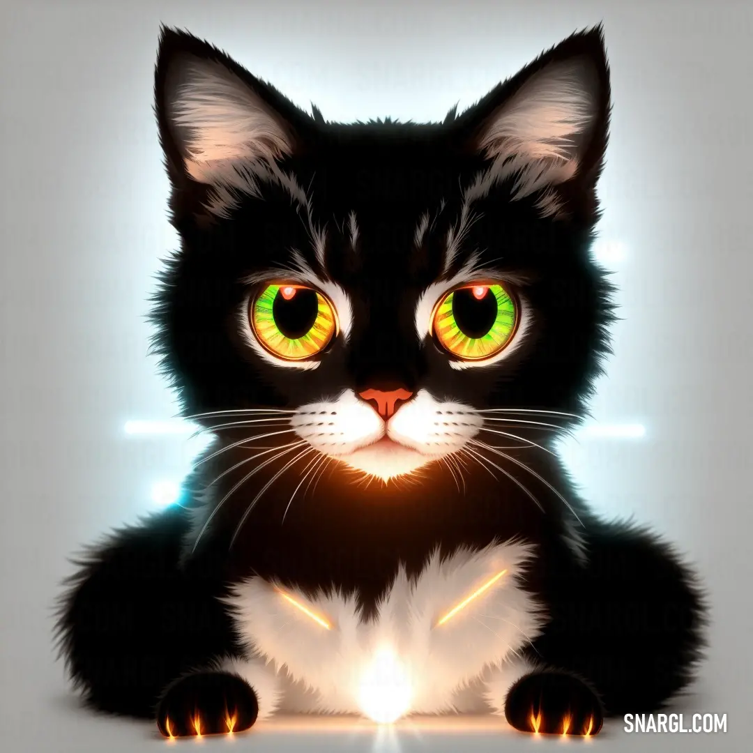 Black and white cat with glowing eyes down with a glowing light shining on its face and chest. Example of RGB 9,17,21 color.