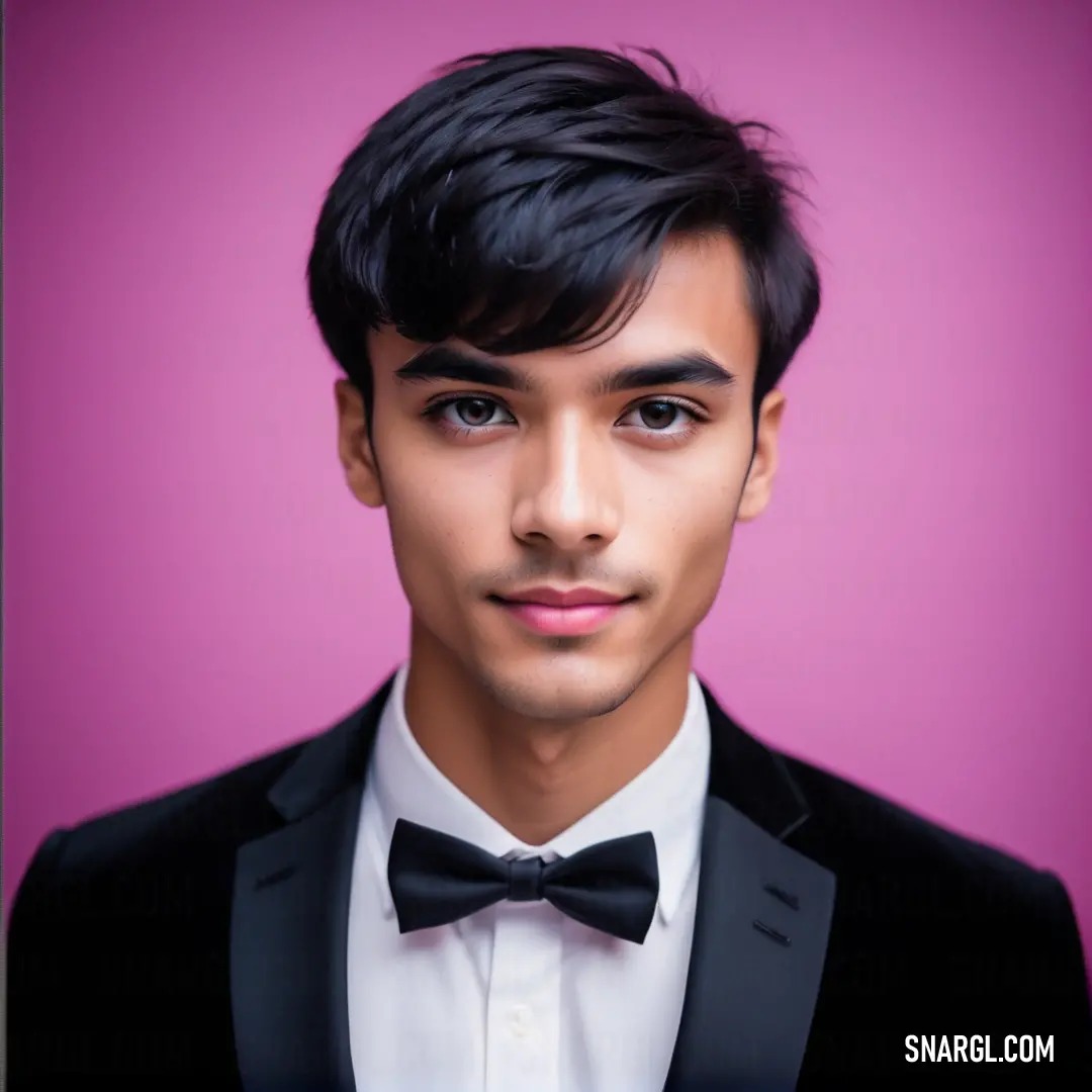 Man in a tuxedo and bow tie posing for a picture with a pink background. Example of CMYK 30,0,0,100 color.