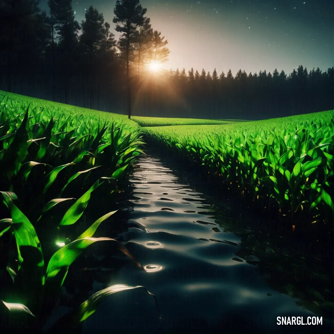 River running through a lush green field under a night sky with stars and a tree on the horizon. Color #091115.