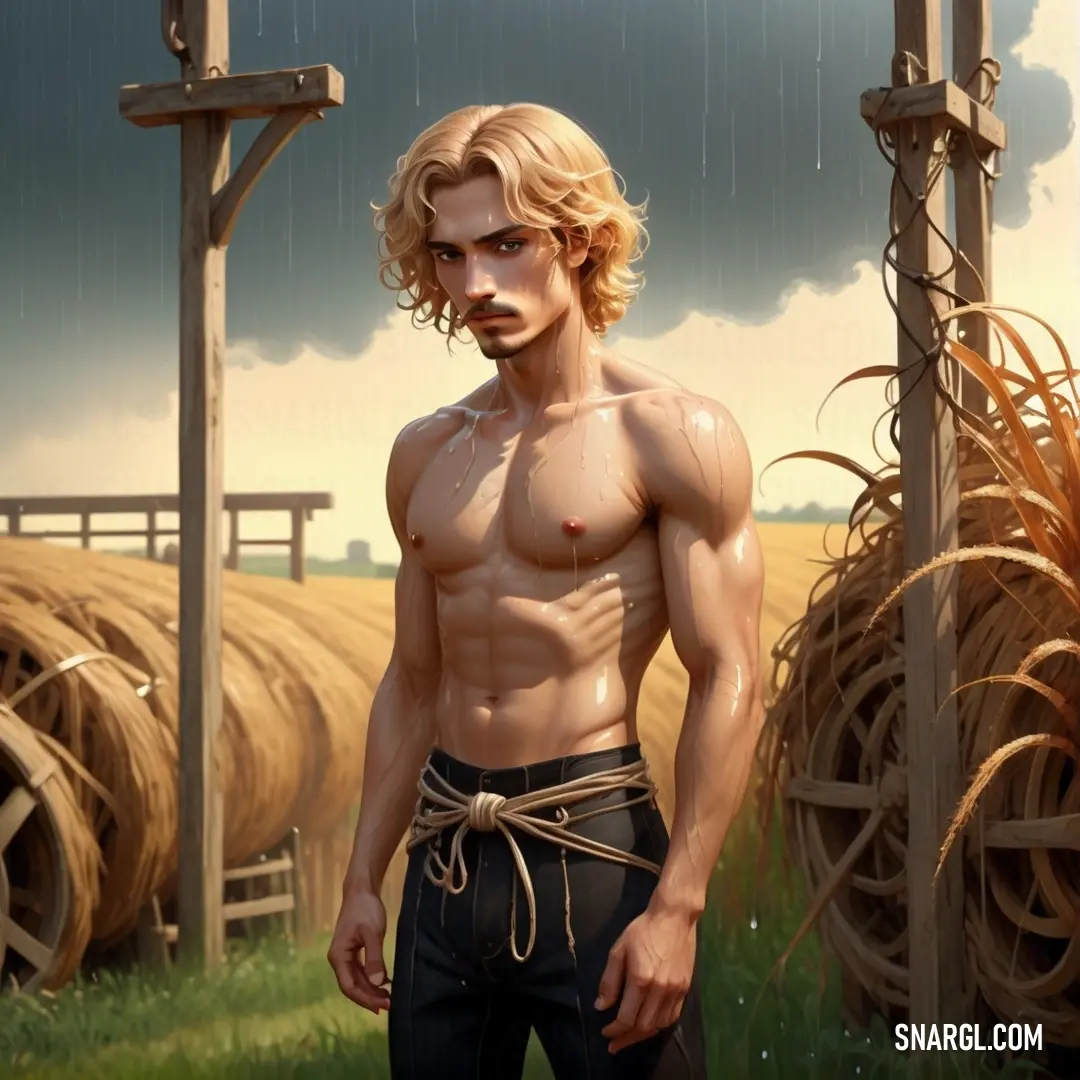 Man with a shirtless torso standing in front of a field of hay bales with a cloudy sky. Example of #161212 color.