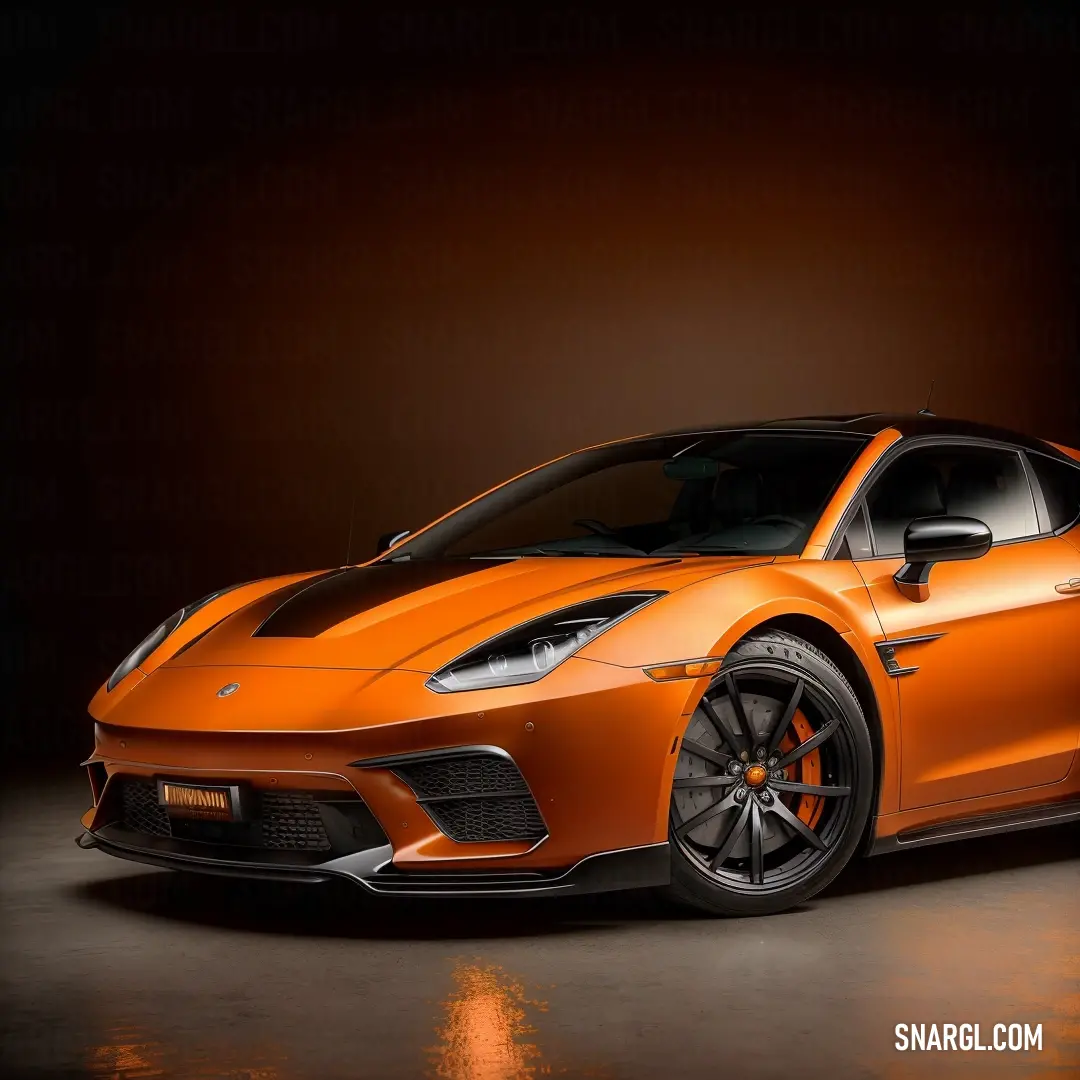 Orange sports car is shown in a dark room with a spotlight on the floor and a black background. Example of CMYK 0,0,15,100 color.