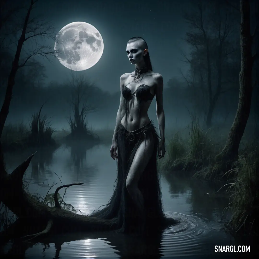 NCS S 8502-Y color example: Woman in a bodysuit standing in a body of water with a full moon in the background and trees