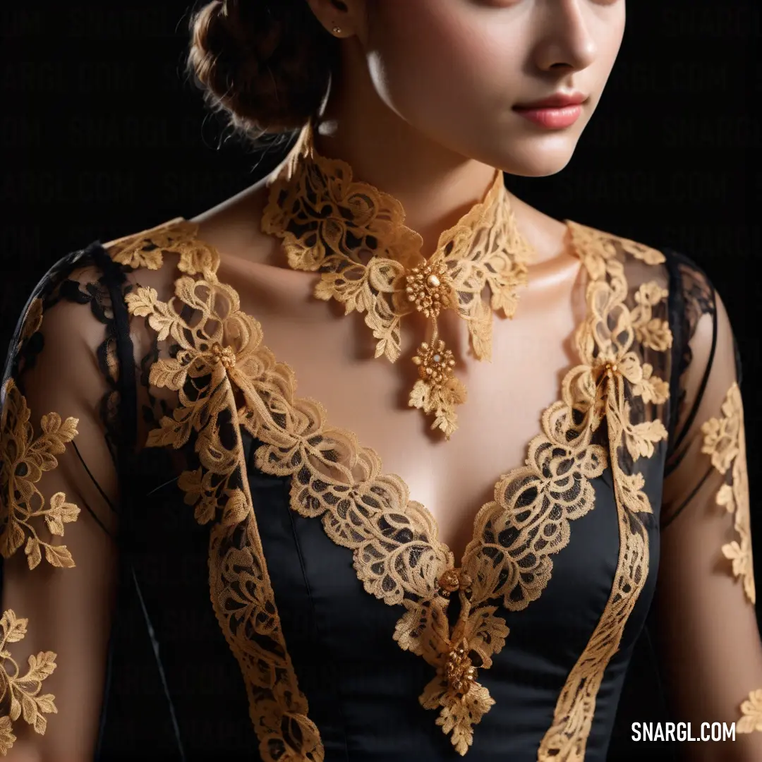 Woman wearing a black and gold dress and necklace with a gold flower design on it's neck. Example of RGB 21,19,17 color.