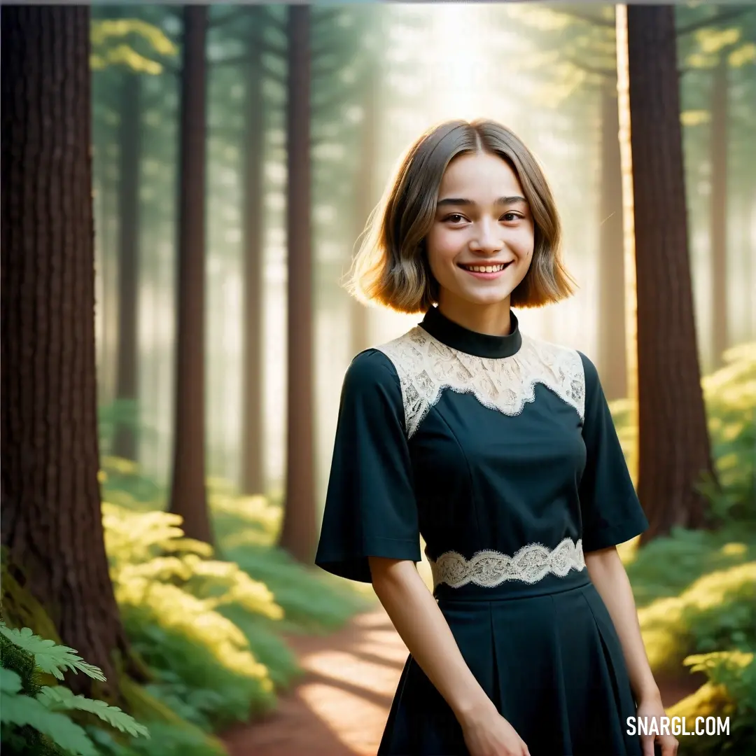 Woman in a black dress standing in a forest with trees and grass behind her and a path leading to the woods. Example of NCS S 8505-B20G color.