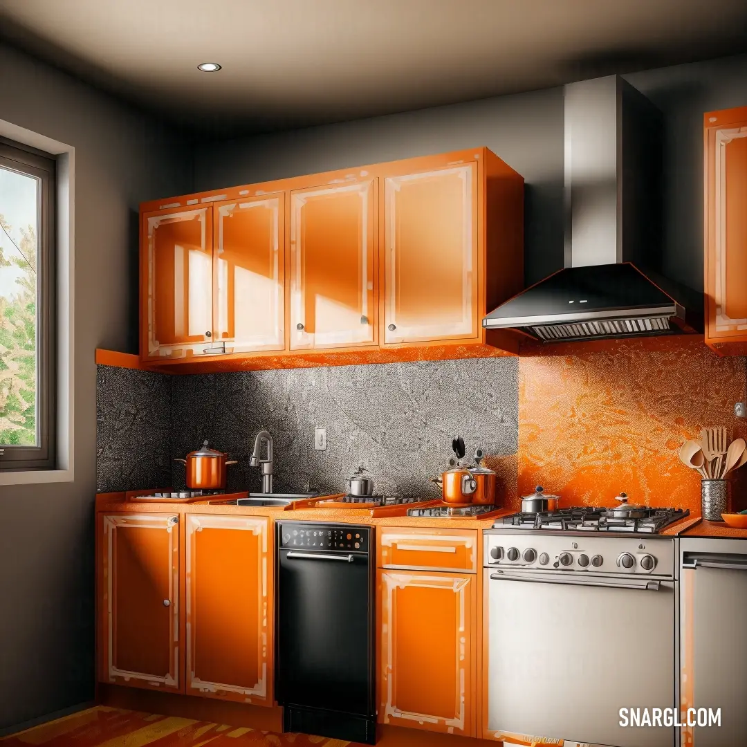 Kitchen with orange cabinets and a stove top oven and a window with a view of a tree outside. Color NCS S 8505-R20B.
