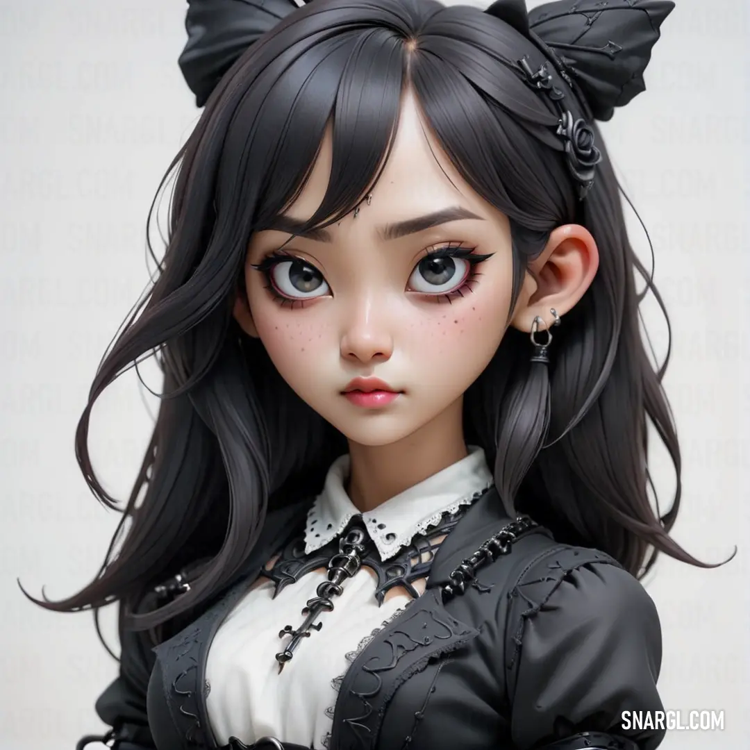 Doll with black hair and a black dress with a cat ears on it's head. Color #000C15.
