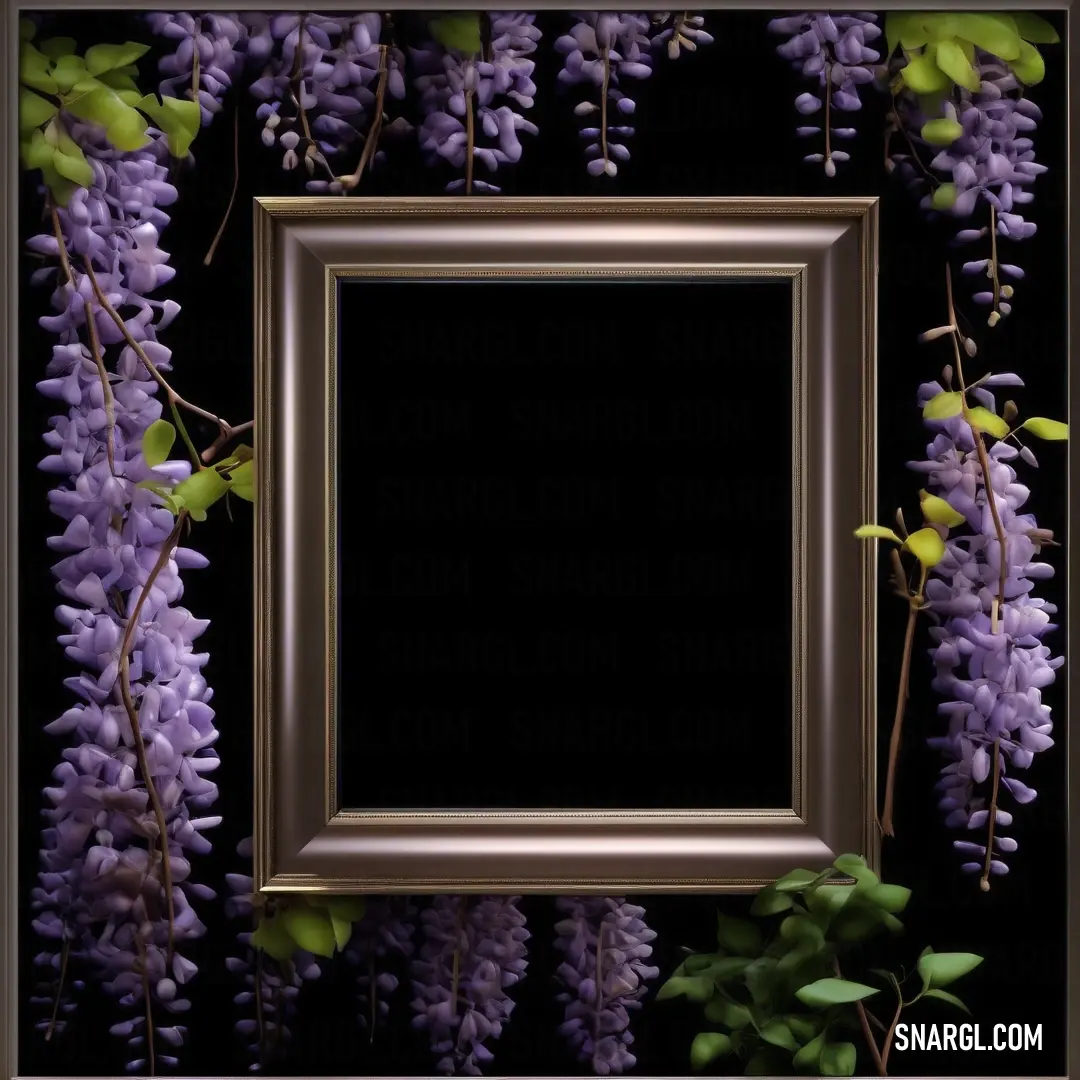 Picture frame with purple flowers on a black background. Example of RGB 0,12,21 color.