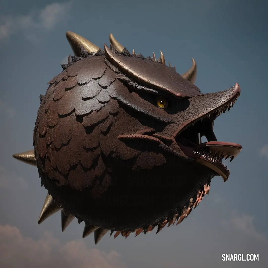 Large metal ball with spikes and spikes on it's head and mouth, with a sky background. Example of CMYK 0,30,50,90 color.