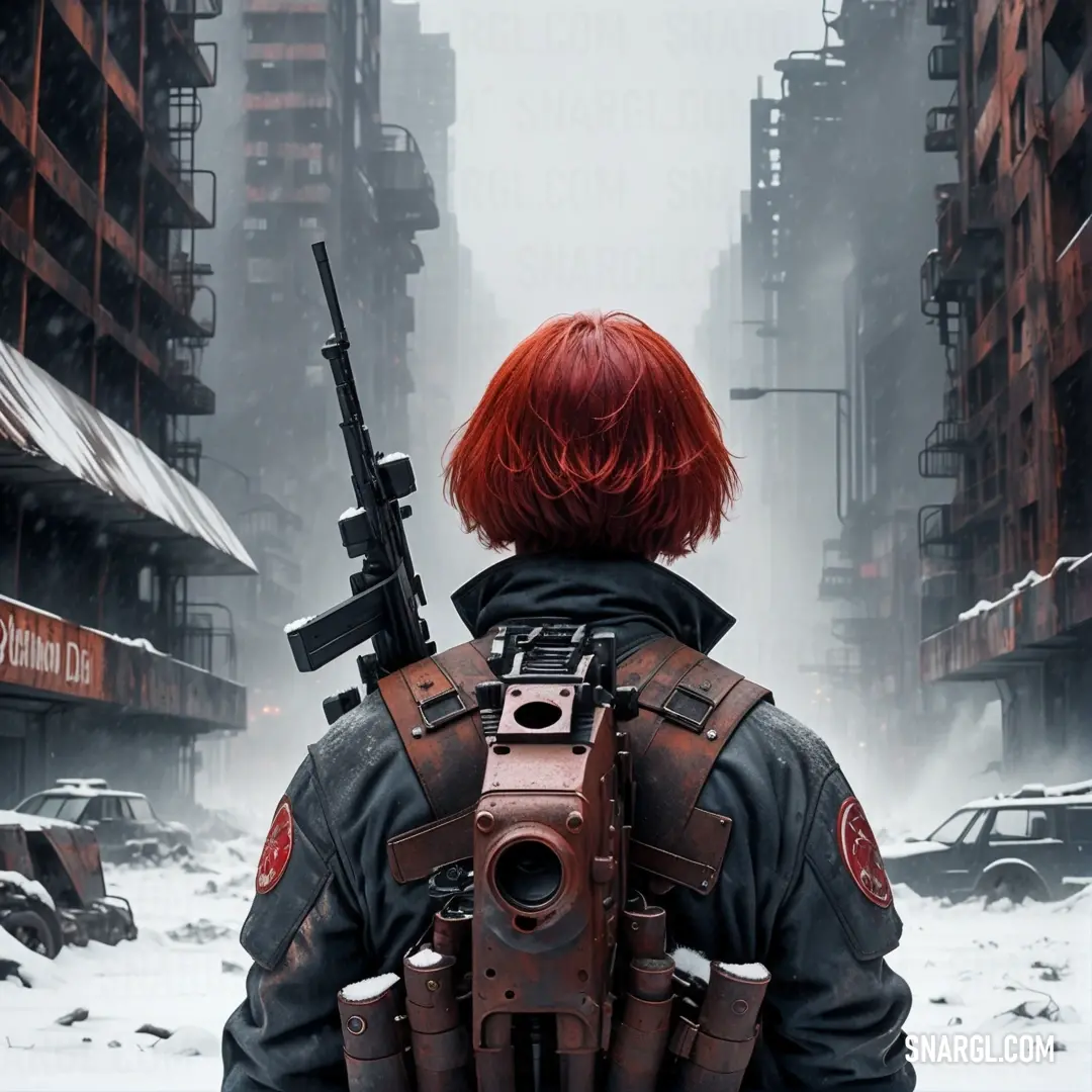 Person with a gun and a jacket on in a city with buildings and cars in the background. Color RGB 35,23,21.