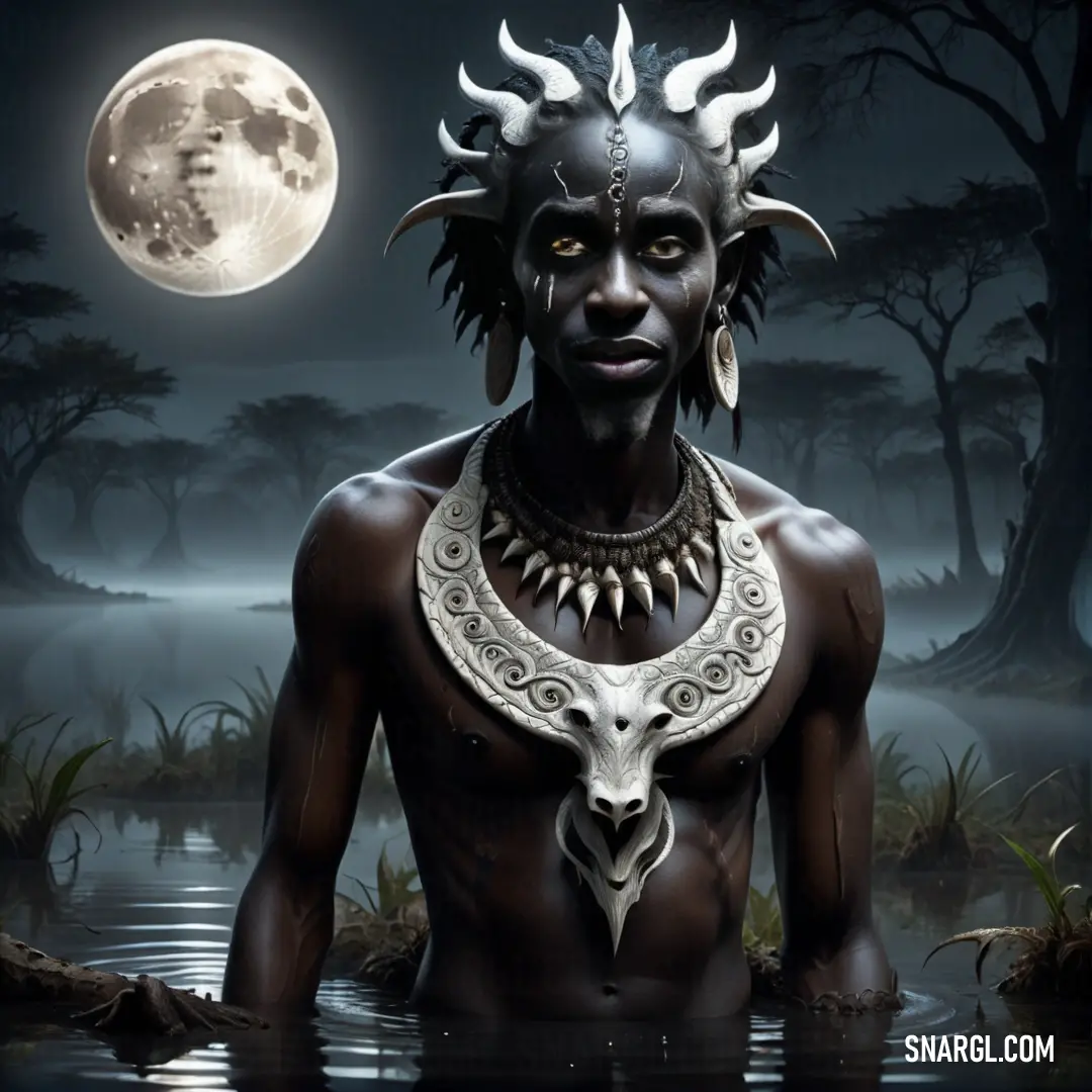 NCS S 9000-N color example: Man with a horned head and horns standing in water with a full moon in the background