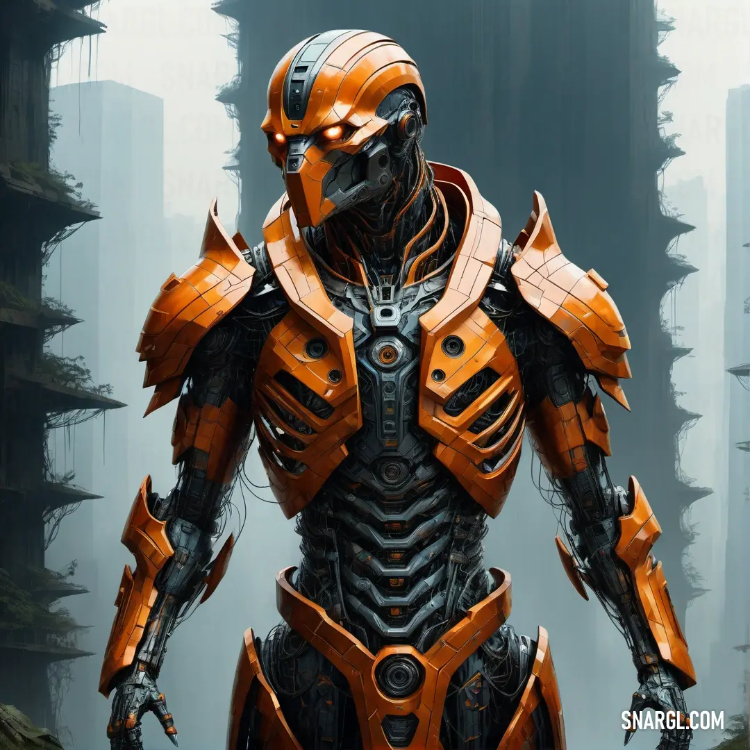 Robot standing in a forest with a helmet on and a body of armor on his chest and arms. Color RGB 17,20,16.
