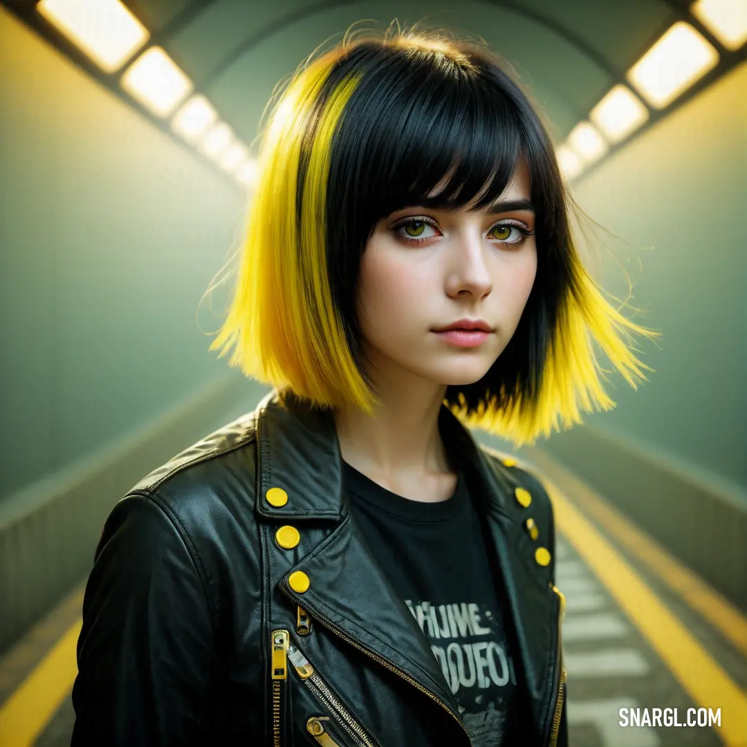 Woman with a yellow and black haircut and a black jacket and a yellow and white background. Color RGB 17,20,16.