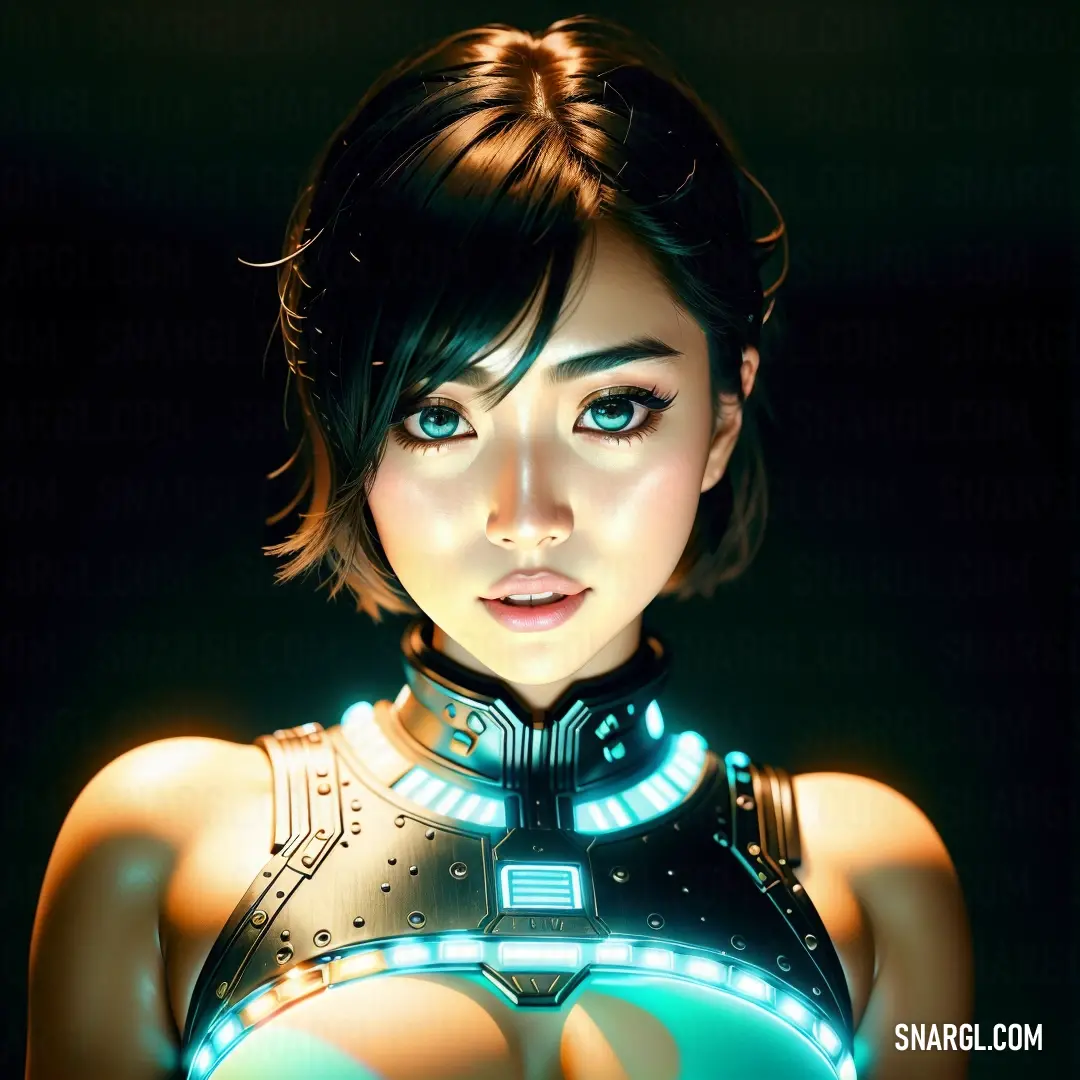 Woman with a futuristic outfit and glowing lights on her chest and chest, in a dark background. Color NCS S 9000-N.