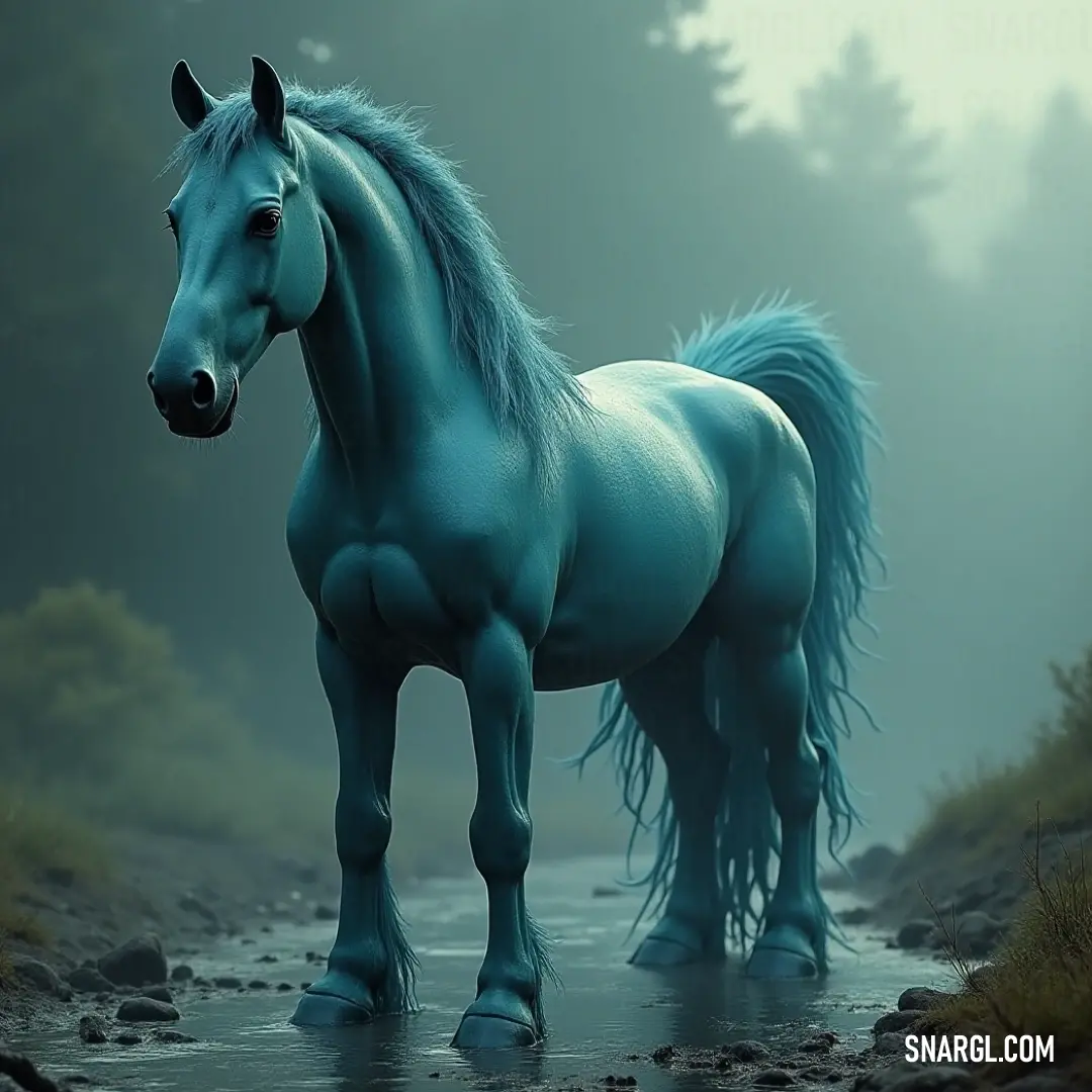 The dynamic blue Neasa gracefully traverses the cool waters of a quiet stream, enveloped by dark silhouettes of trees and an enigmatic fog that evokes a sense of wonder. A vibrant blue Neasa navigates a tranquil stream, surrounded by towering trees, as fog rolls in softly at night, the scene alive with depth and serenity in the moonlight.