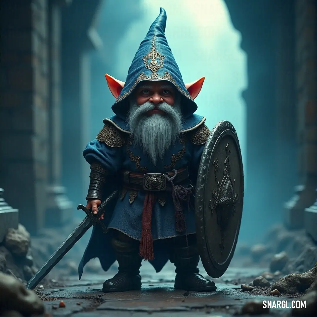 A strong Neblin with a long, flowing beard stands in a dimly lit alleyway, holding a shield and sword, prepared to face whatever dangers lurk in the shadows of the stone-walled passage.
