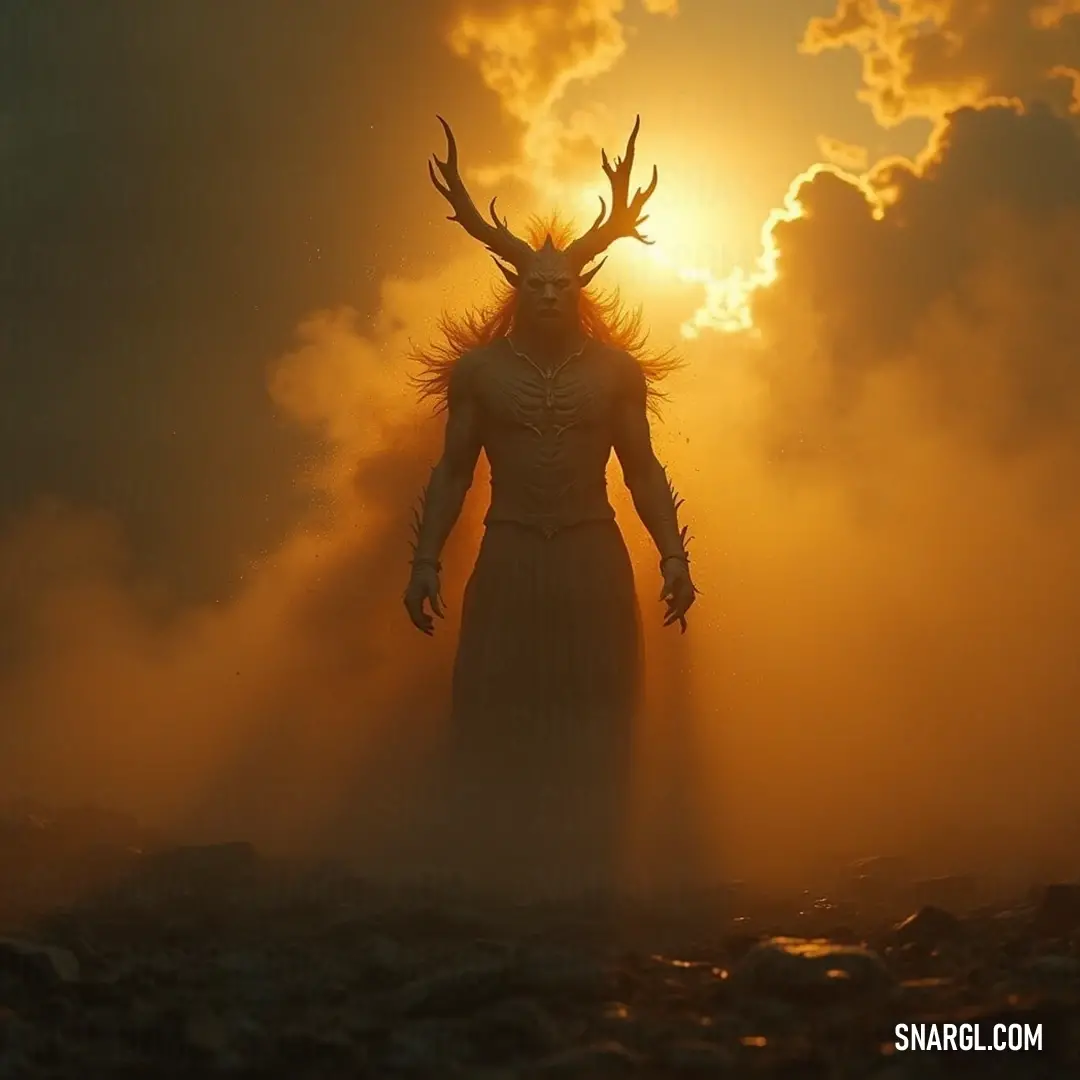 A nebula mystic adorned with horns stands confidently in a sunlit field, the golden rays illuminating their vibrant presence as ethereal clouds float above, weaving a tapestry of wonder and grace.