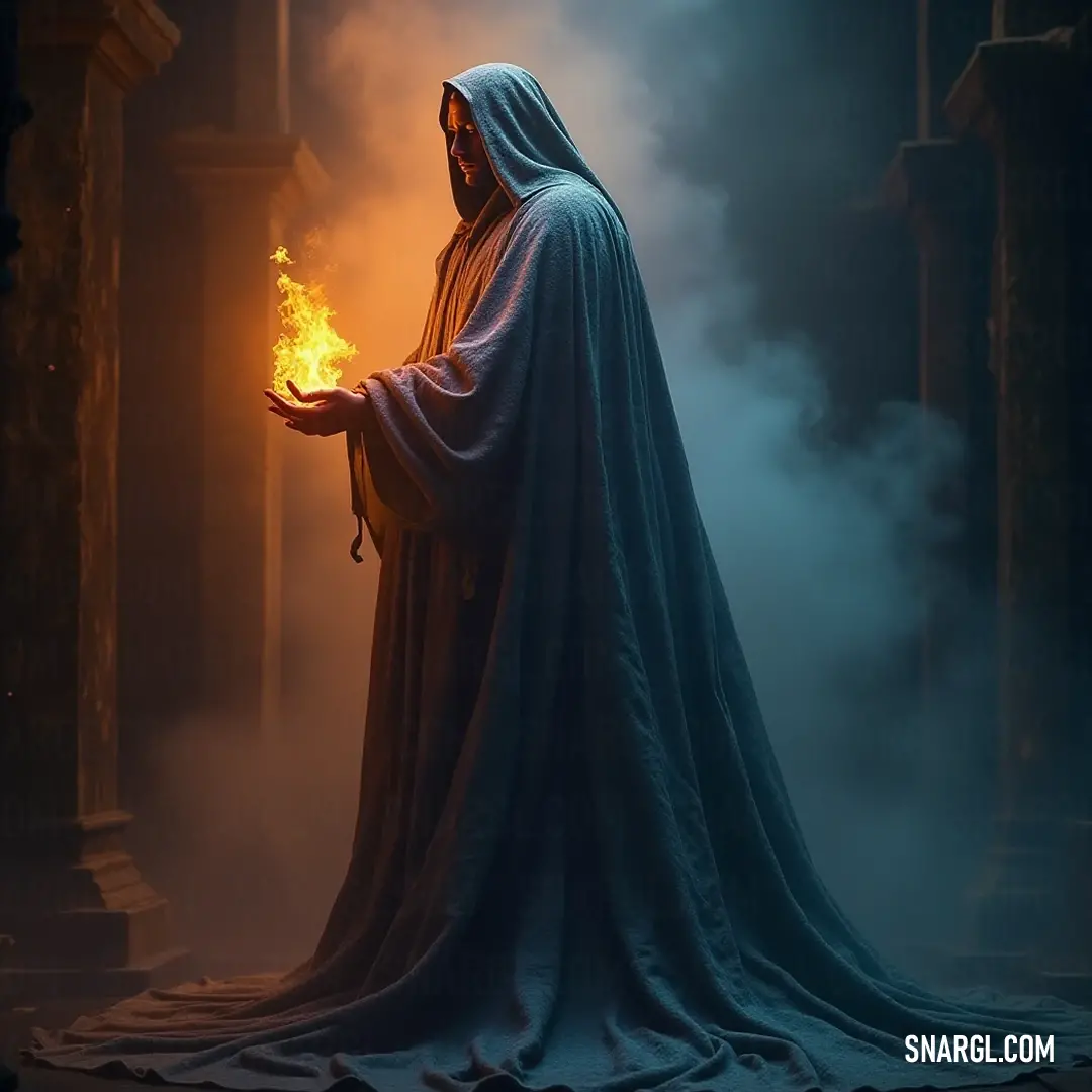 A mystic being clothed in a flowing robe holds a candle, their presence radiating tranquility amidst the fog and ancient columns. A mysterious figure shrouded in a flowing robe stands in misty surroundings, with ancient columns fading into the fog. The soft glow of a lit candle illuminates their face, highlighting the serene expression and creating an atmosphere of ethereal calm.