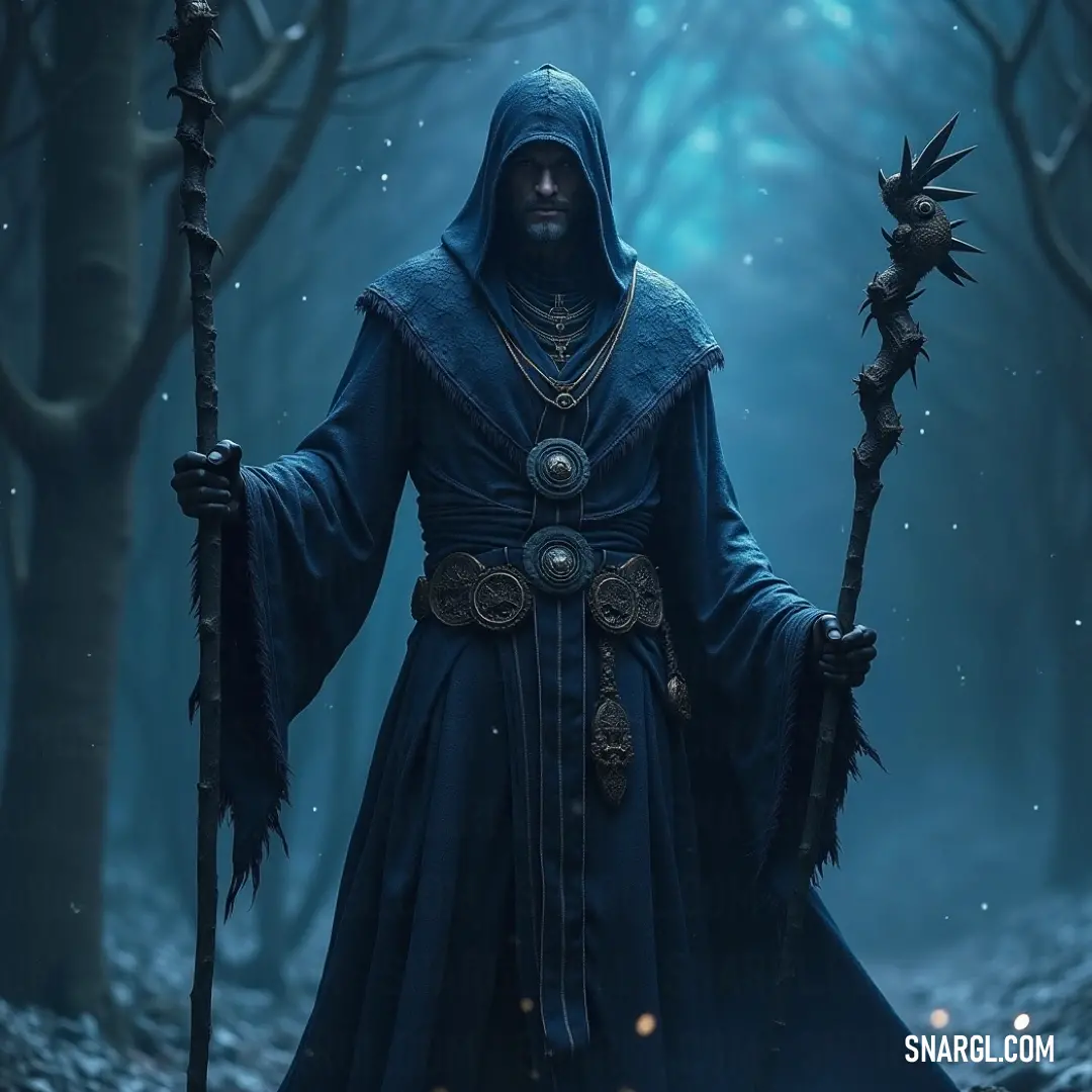Nebula Prophet standing amid a snowy forest, wielding a staff of ancient wisdom and power. Surrounded by a tranquil forest draped in snow, the Nebula Prophet clutches a staff, exuding an aura of mysticism. Towering trees form a living cathedral around him, harboring secrets whispered only to those who listen.