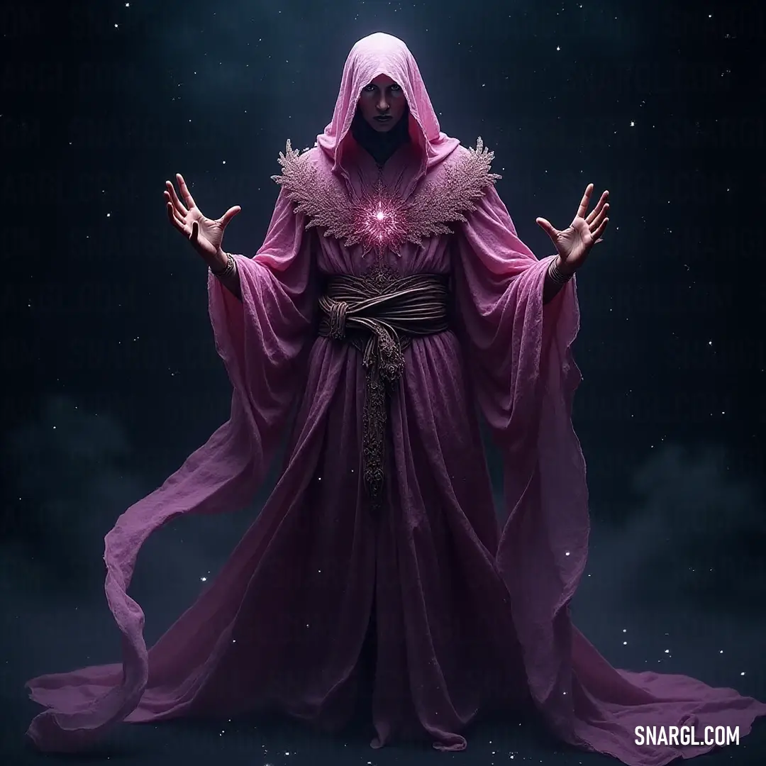 A captivating figure dons a resplendent purple gown, holding a shimmering star that casts radiant beams of light upon her face and hands. The ambiance is alive with cosmic energy, perfectly illuminating her enigmatic expression.