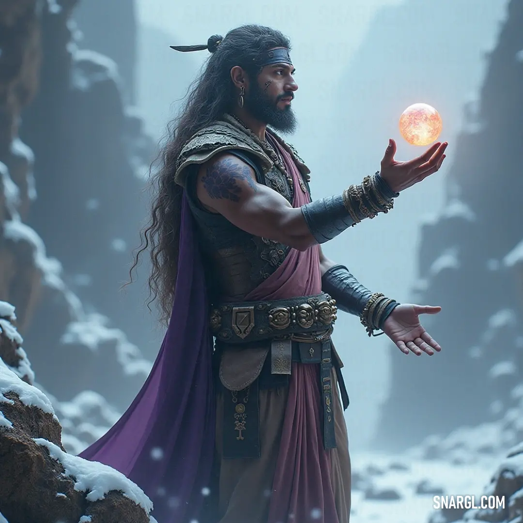 Compelling Nebula Seer in an intricate costume, gripping a crystal ball amidst a rugged snowy landscape. A compelling Nebula Seer in an intricate costume, holding a crystal ball, set against a stunning snowy landscape punctuated by rugged rocks, as mysterious energies seem to swirl around him.
