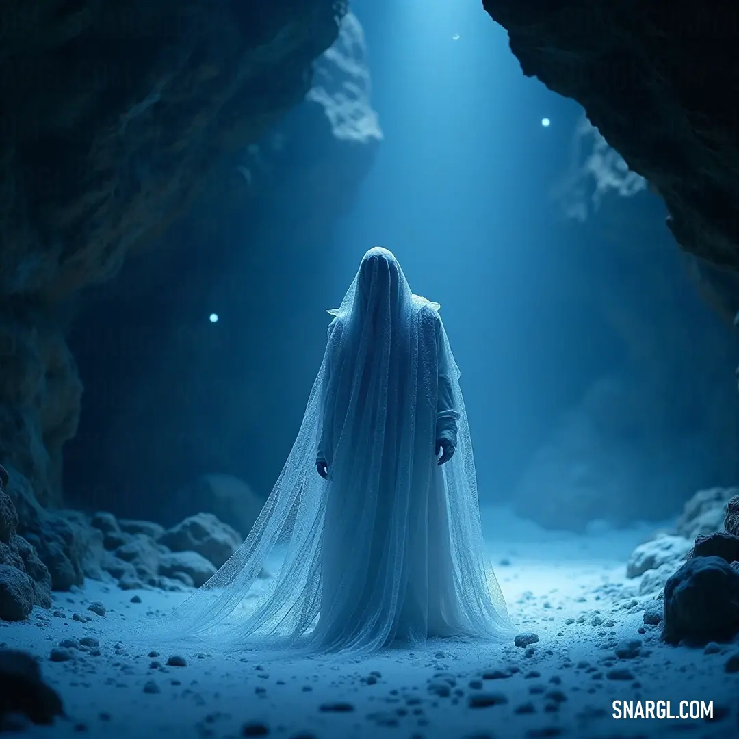 Luminous Nebula Seer in a flowing white dress, standing in a cave bathed in cascading beams of light. A luminous Nebula Seer draped in a flowing white dress, standing gracefully in a cave as beams of light cascade down from above her, enveloping her in a radiant celestial glow.