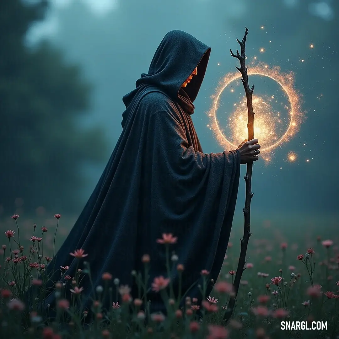 A hooded wizard holds a gnarled stick topped with a glowing orb, standing amidst a vibrant field of colorful flowers, creating a stunning contrast against the serene landscape.