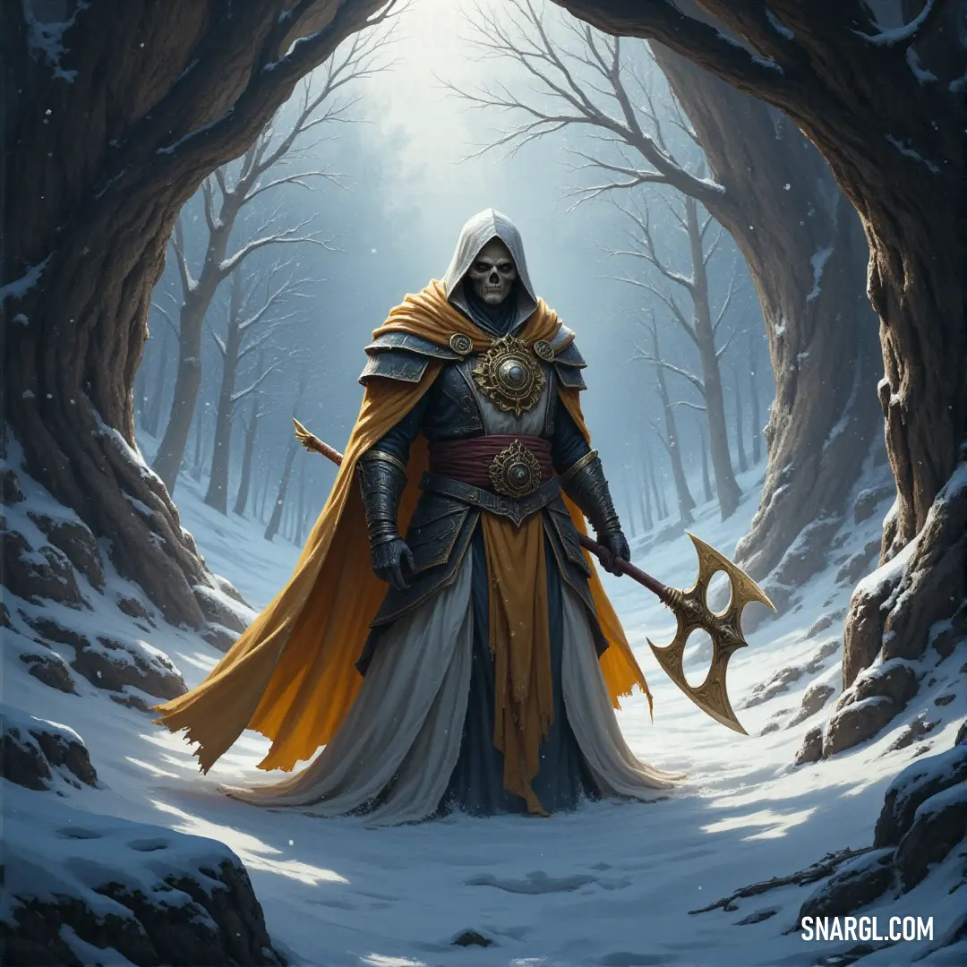 The Necromancer, cloaked in dark robes, holds a giant axe as he stands in a snowy forest, with icy trees and swirling winds amplifying the sense of danger. A Necromancer, wearing a hooded outfit, stands in a snowy forest holding a massive axe. The cold, icy trees surround him as the wind howls through the branches, adding an element of danger to the scene.