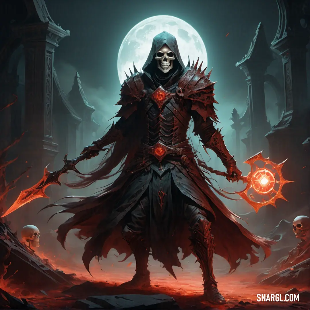 Demonic Necromancer with a glowing orb in his hand and a full moon in the background