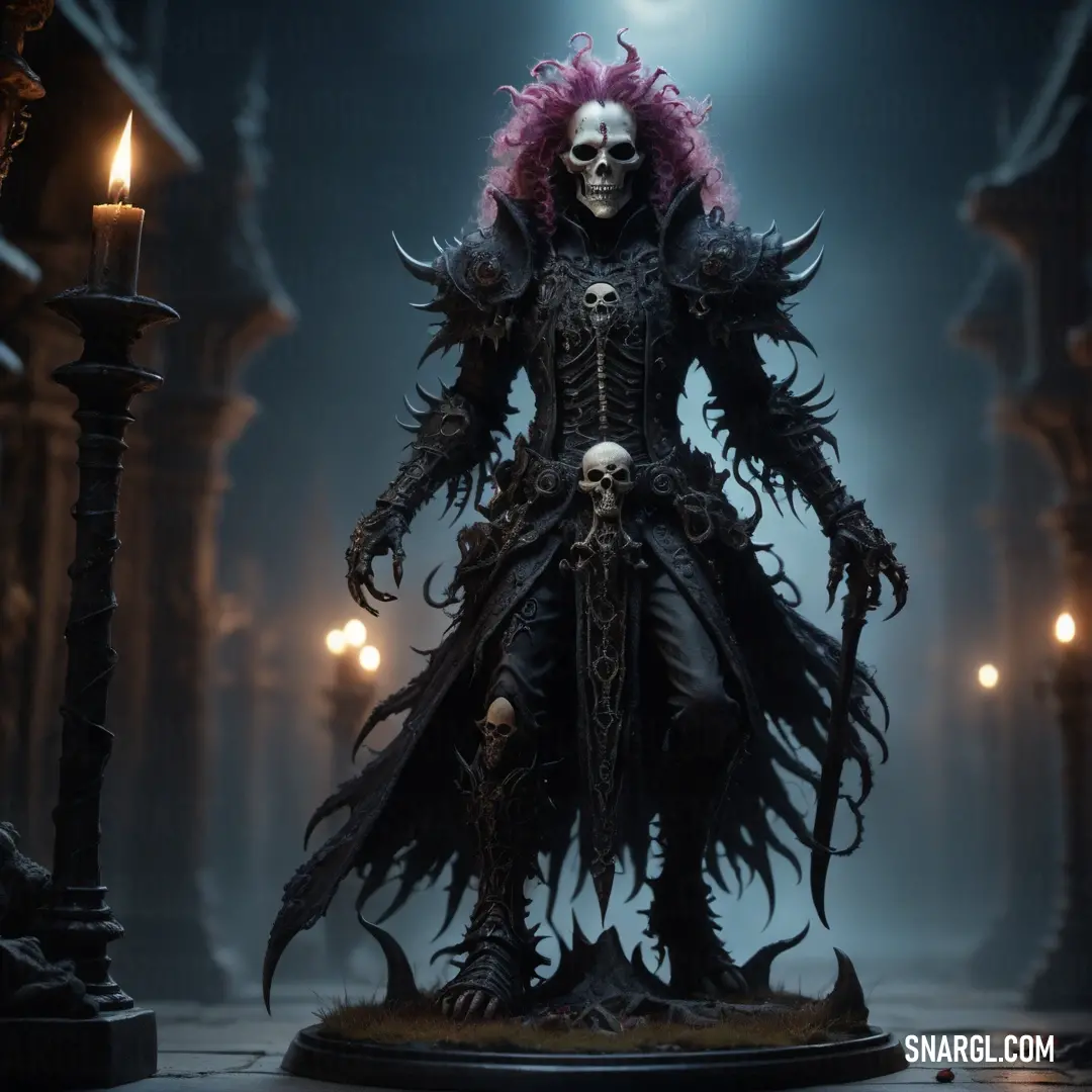 Demonic looking figure with a skull on it's head and a pink hair and makeup