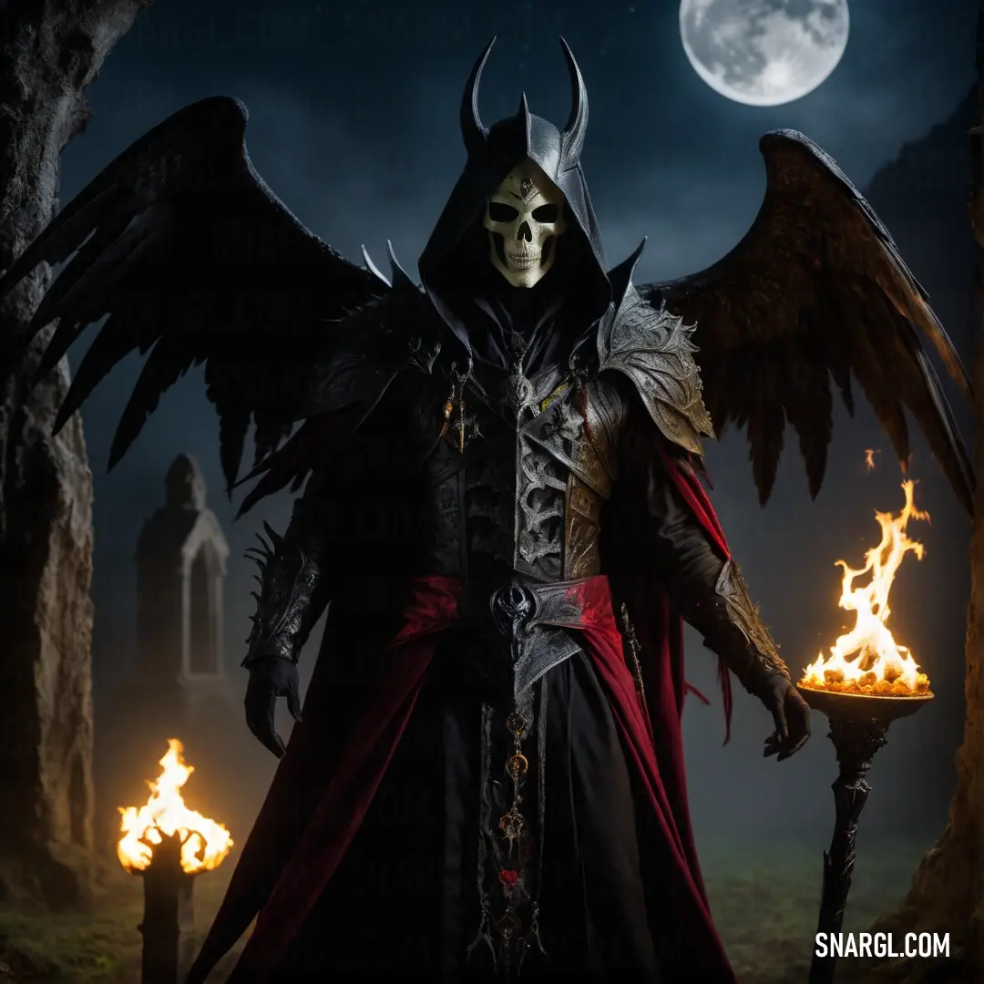 Necromancer dressed in a costume with wings and a skull on his head holding a tray of fire and a candle