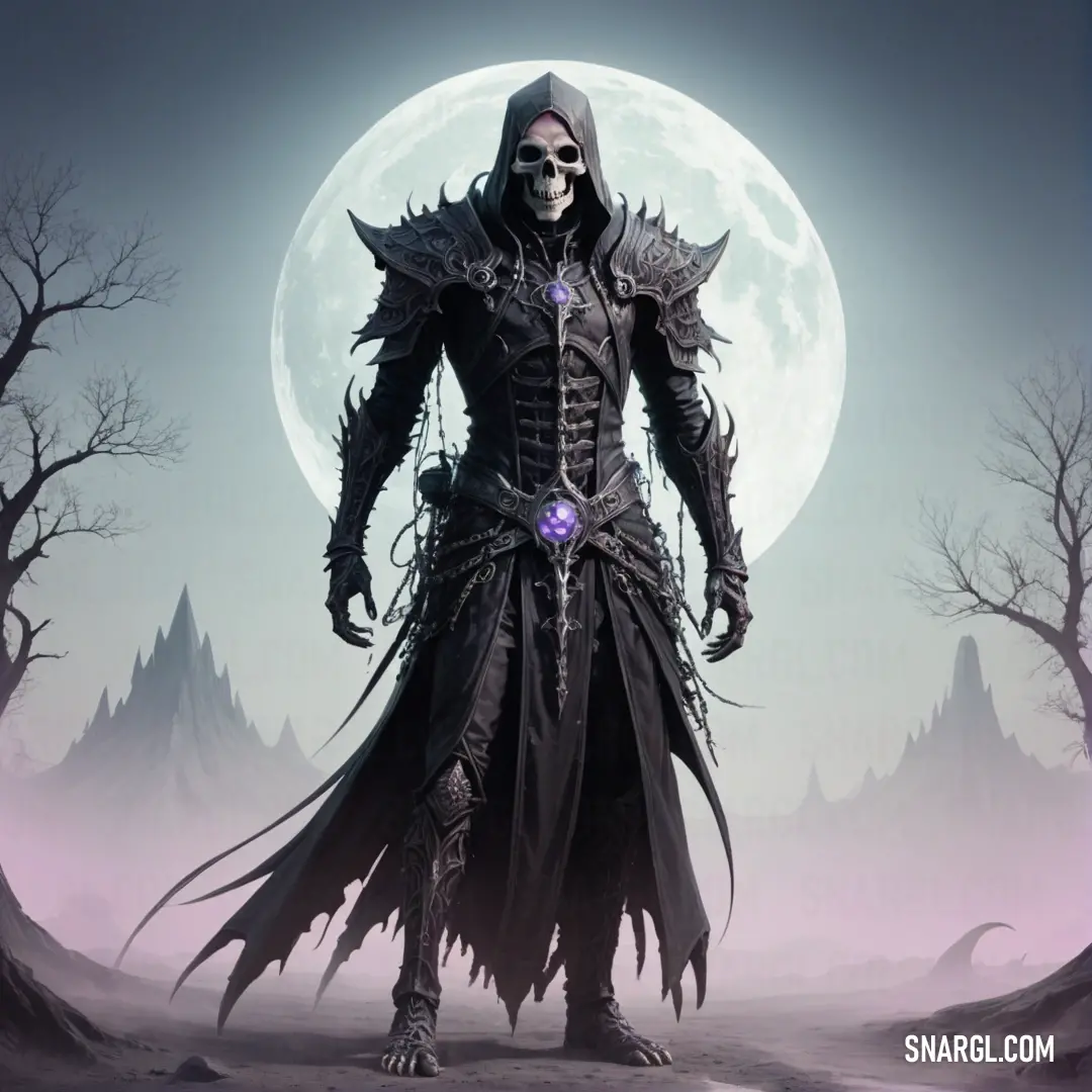 Necromancer in a black outfit standing in front of a full moon with a skull on his head and a purple ring around his neck