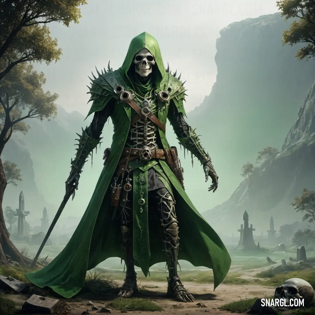 Necromancer in a green outfit standing in a forest with a skull on his arm