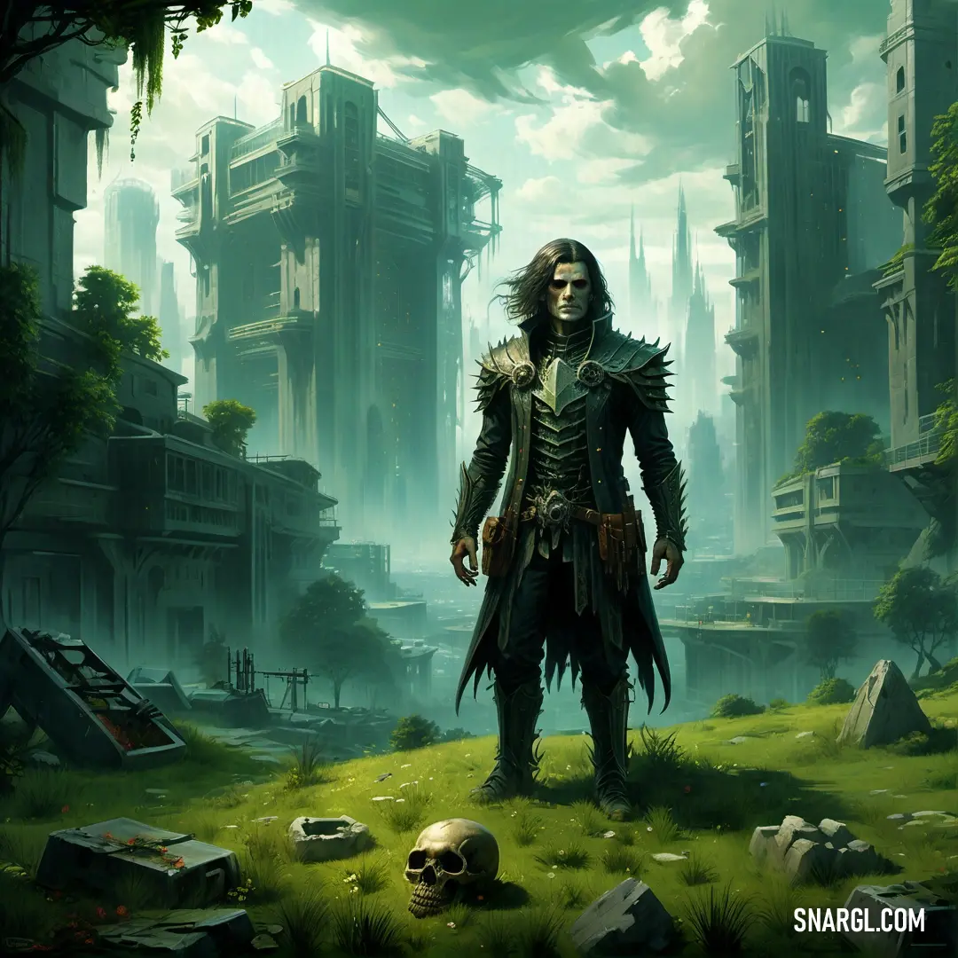 Necromancer in a green suit standing in a field with a skull in his hand and a city in the background