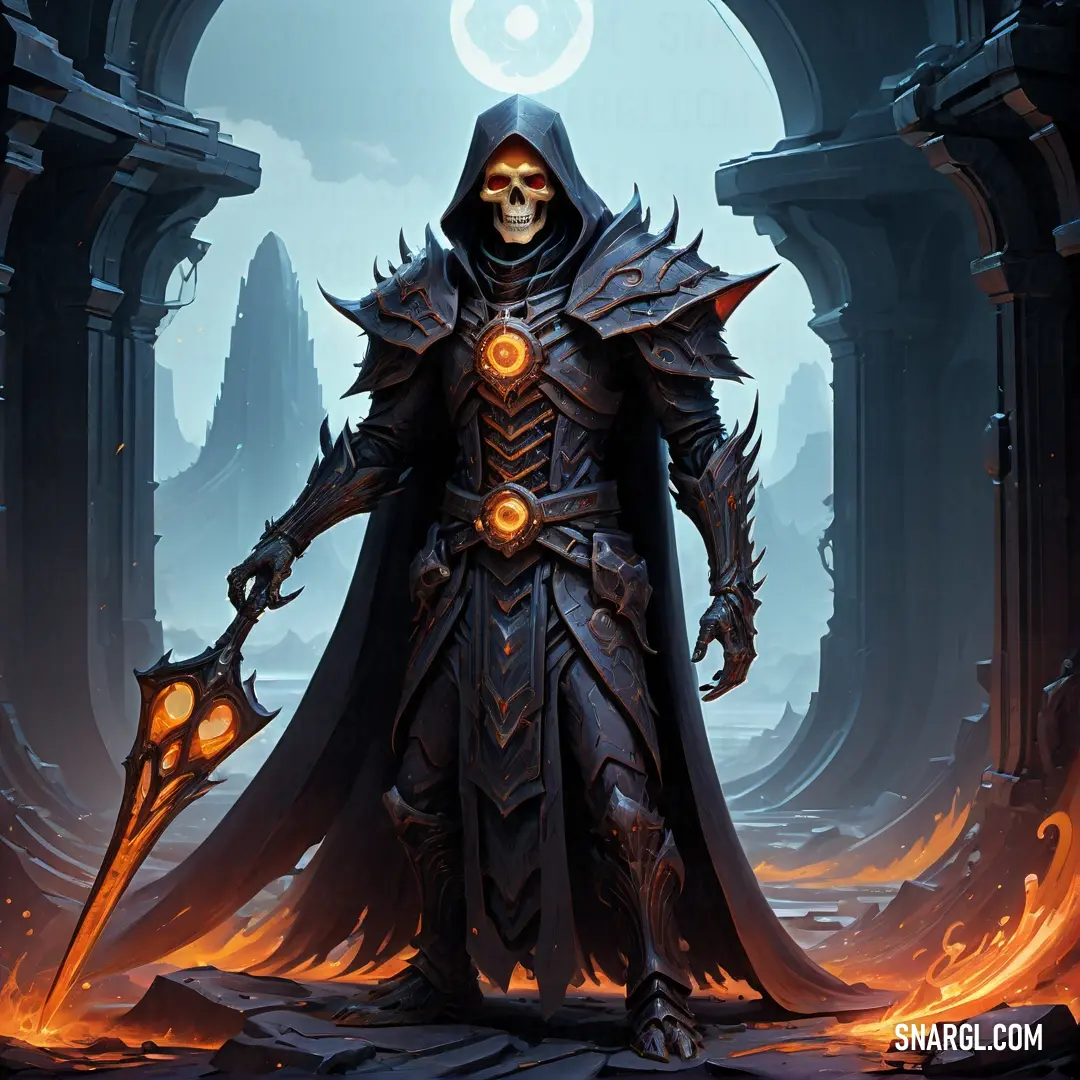 Man in a hooded suit with a sword in his hand and a Necromancer on his arm