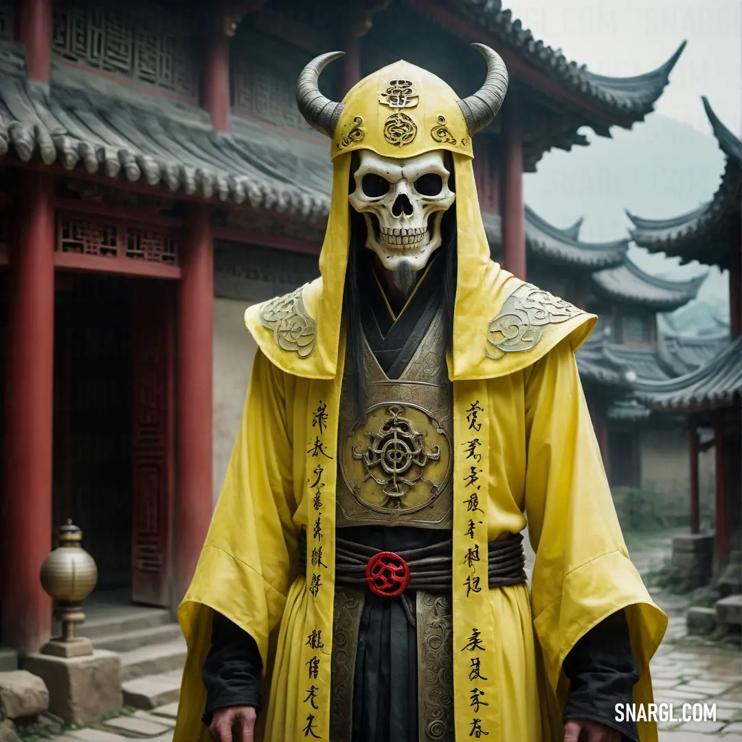 Necromancer in a yellow robe and a skull mask standing in front of a building with red pillars and lanterns