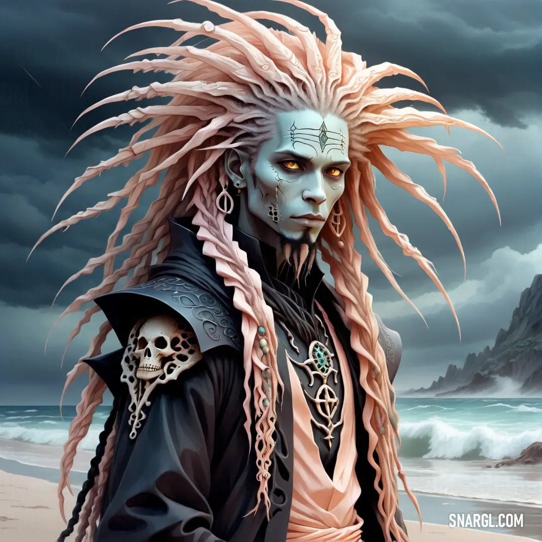 Painting of a male Necromancer with long hair and a skull face on a beach with a stormy sky in the background